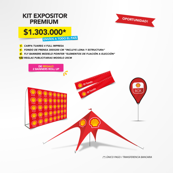 Kit Expositor Premium - Carpa Tuareg 4, Fly Banners, Fondo de Prensa, Reglas Publicitarias